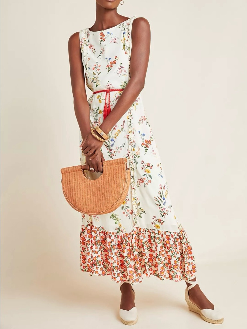 FARM Rio Cream Floral Maxi Dress with Red Belt